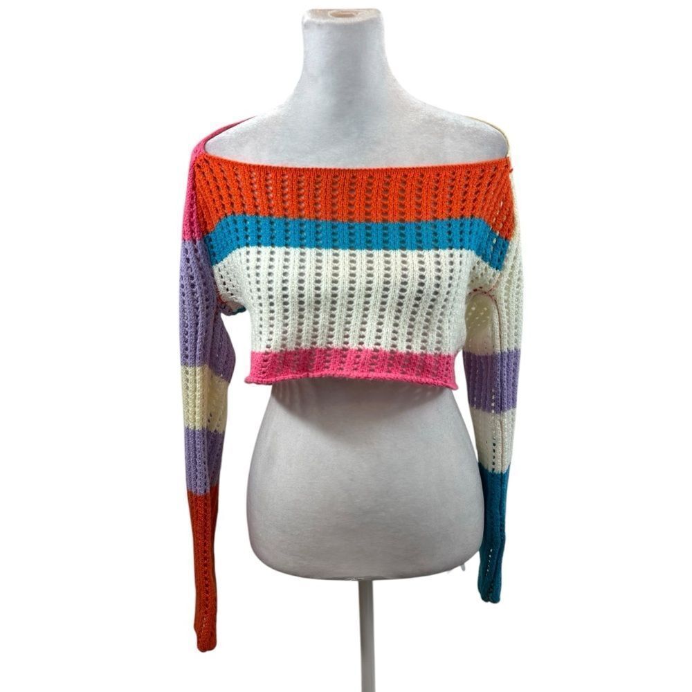 Ladies Open Knit Color Block Cropped Sweater Size Medium